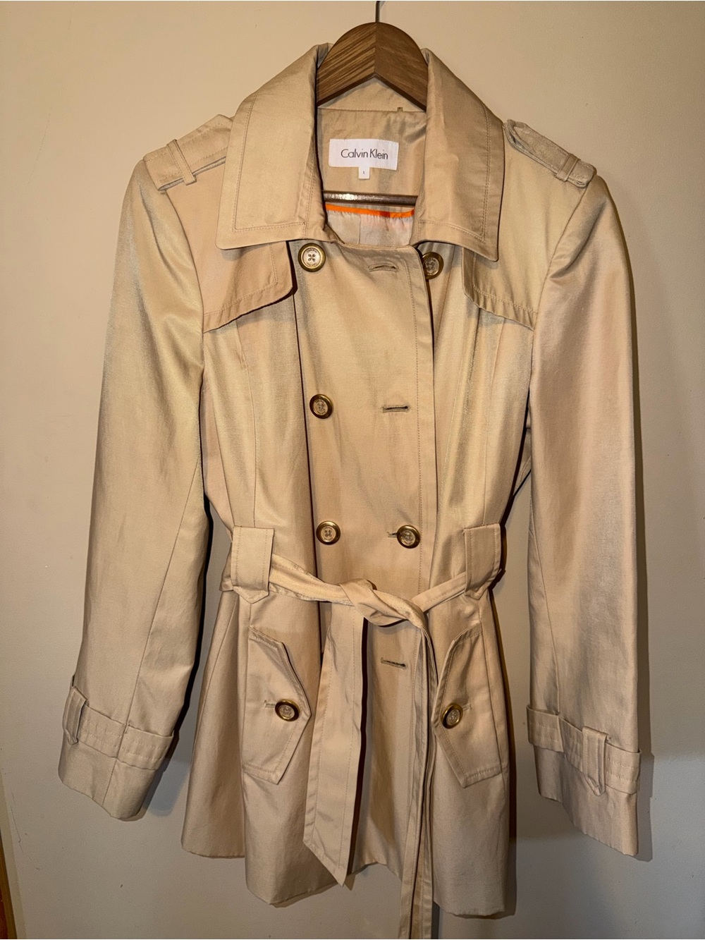 Calvin Klein Light Beige Double-Breasted Trench Coat with Belt